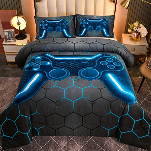 NTBED Game Console Comforter Set for Boys Girls Kids 3D Gaming Geometric Lightweight Microfiber Gamer Bedding Sets (Blue, Twin 5Pcs)